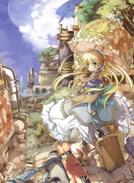 Anime picture 2211x3012 with 100 masters of bishojo painting (artbook) yamamoto keiji single long hair tall image looking at viewer highres blonde hair standing yellow eyes sky cloud (clouds) girl dress bow plant (plants) tree (trees) headdress moon umbrella