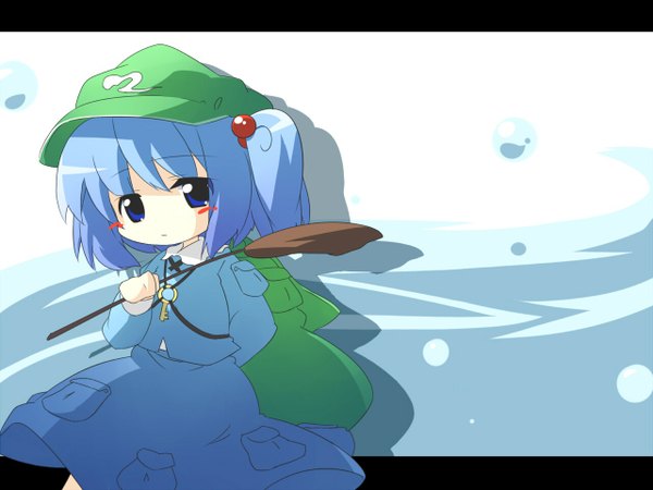 Anime picture 1280x960 with touhou kawashiro nitori oka (artist) short hair blue hair chibi girl hat bag
