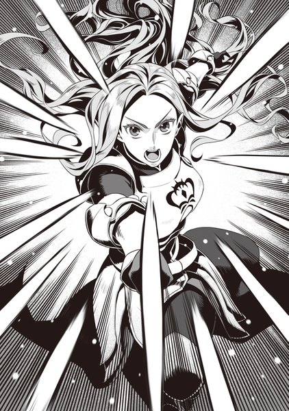 Anime picture 1125x1600 with tate no yuusha no nariagari kinema citrus eclair seaetto minami seira single long hair tall image looking at viewer breasts open mouth bent knee (knees) ponytail wind official art teeth outstretched arm monochrome battle screaming novel illustration