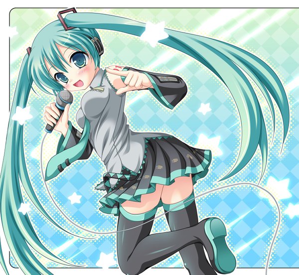 Anime picture 1647x1517 with vocaloid hatsune miku furukawa lemon long hair blush open mouth twintails aqua eyes aqua hair girl skirt detached sleeves miniskirt necktie thigh boots microphone wire (wires)