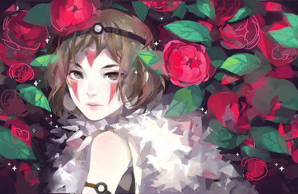 Anime picture 1000x652 with mononoke hime studio ghibli san 253421 single looking at viewer fringe short hair brown hair brown eyes lips sparkle face paint girl flower (flowers) earrings fur headband necklace