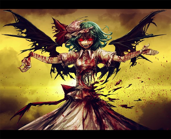 Anime picture 1052x855 with touhou remilia scarlet lastdark (artist) single looking at viewer short hair smile red eyes cloud (clouds) green hair teeth fang (fangs) torn clothes outstretched arm letterboxed blood on face bloody clothes crazy smile guro bloody tears