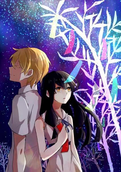 Anime picture 900x1272 with original ringomaru long hair tall image short hair black hair blonde hair smile bare shoulders yellow eyes eyes closed profile night couple back to back tanabata girl boy