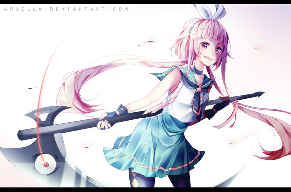 Anime picture 1800x1192 with original aruella single long hair highres open mouth simple background smile white background twintails pink hair pink eyes girl thighhighs dress gloves weapon black thighhighs black gloves hairband