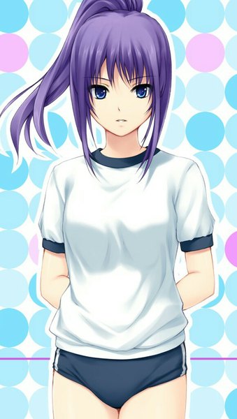Anime picture 580x1024 with marble bloomers asagiri luna coffee-kizoku single long hair tall image looking at viewer fringe breasts blue eyes standing purple hair ponytail hands behind back girl t-shirt gym uniform buruma
