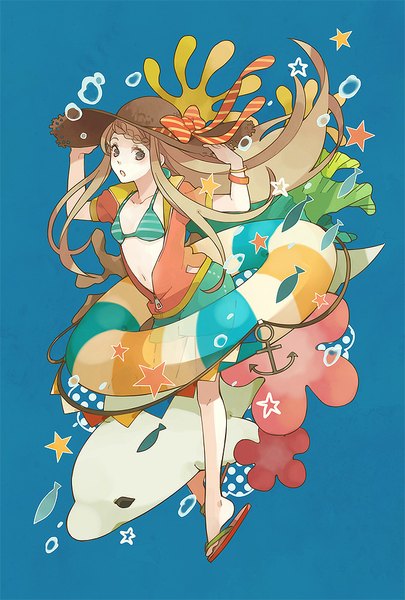 Anime picture 675x1000 with original anzu (astro75) single long hair tall image open mouth blonde hair looking away full body black eyes blue background girl navel hat animal bracelet star (symbol) bubble (bubbles) fish (fishes) bikini top
