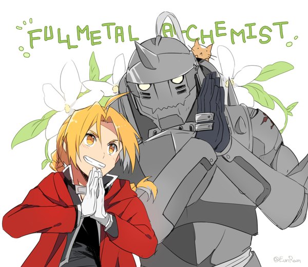 Anime picture 1000x868 with fullmetal alchemist studio bones edward elric alphonse elric eunram long hair blonde hair smile white background yellow eyes looking away ahoge braid (braids) multiple boys copyright name single braid siblings hands clasped brothers boy