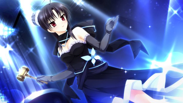 Anime picture 2560x1440 with otome ga tsumugu koi no canvas kimishima ao long hair highres black hair red eyes wide image game cg girl dress gloves elbow gloves