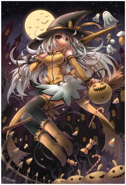 Anime picture 783x1148 with original emperpep single long hair tall image blush smile white hair night orange eyes high heels night sky halloween girl thighhighs black thighhighs hat animal food boots