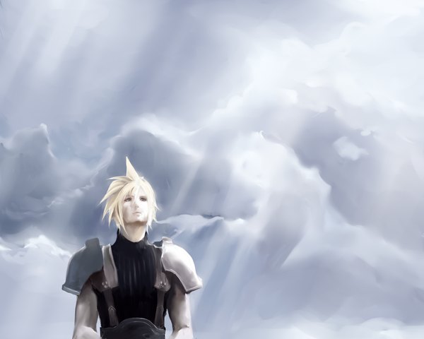Anime picture 1280x1024 with final fantasy square enix cloud strife tsukishiro (nkoma) single short hair blonde hair sky cloud (clouds) sunlight looking up spiked hair boy belt armor suspenders