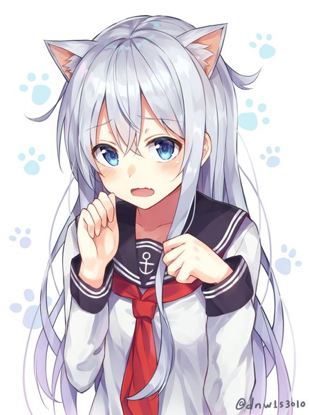 Anime picture 1000x1343 with kantai collection hibiki destroyer huwari (dnwls3010) single long hair tall image looking at viewer blush fringe open mouth blue eyes hair between eyes signed animal ears silver hair upper body cat ears cat girl twitter username kemonomimi mode