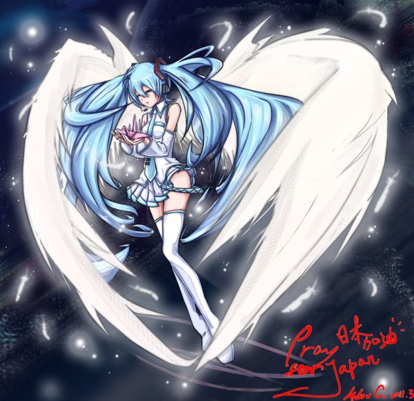 Anime picture 1800x1743 with vocaloid hatsune miku deathklovc single long hair highres blue eyes twintails signed blue hair girl thighhighs detached sleeves miniskirt white thighhighs wings headphones feather (feathers)