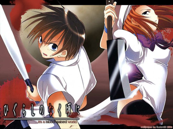 Anime picture 1024x768 with higurashi no naku koro ni studio deen ryuuguu rena maebara keiichi suzuragi karin short hair open mouth blue eyes brown hair standing holding looking back orange hair short sleeves wallpaper copyright name floating hair text blood stains jpeg artifacts