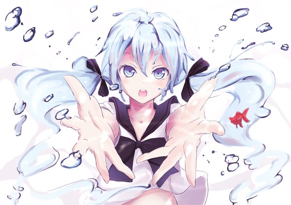 Anime picture 1414x1000 with vocaloid hatsune miku bottle miku mokichi812 single long hair looking at viewer open mouth simple background white background twintails aqua eyes aqua hair floating hair liquid hair girl bow hair bow serafuku fish (fishes)