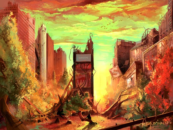 Anime picture 1031x775 with original aquasixio (artist) single short hair sitting sky cloud (clouds) sunlight city cityscape destruction plant (plants) animal tree (trees) bird (birds) leaf (leaves) ground vehicle sun car