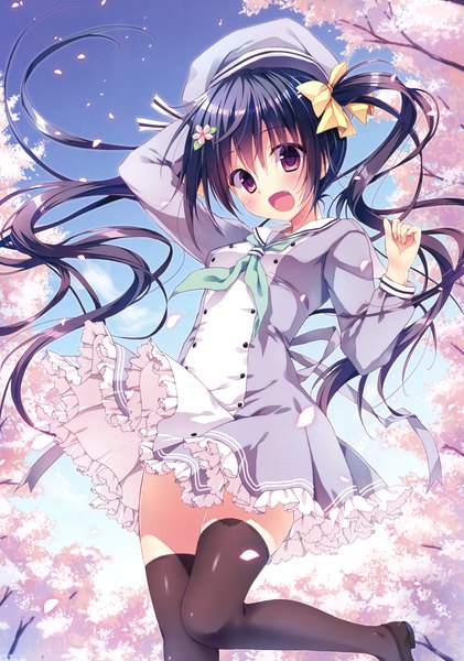 Anime picture 2457x3500 with original ryohka single long hair tall image looking at viewer blush highres open mouth black hair purple eyes twintails absurdres girl thighhighs dress black thighhighs petals beret can