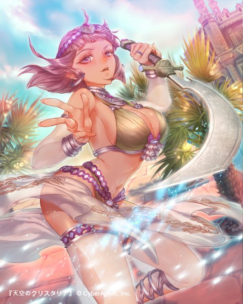 Anime picture 960x1200 with original esha single tall image looking at viewer short hair breasts open mouth light erotic brown hair large breasts purple eyes girl thighhighs navel hair ornament weapon white thighhighs sword