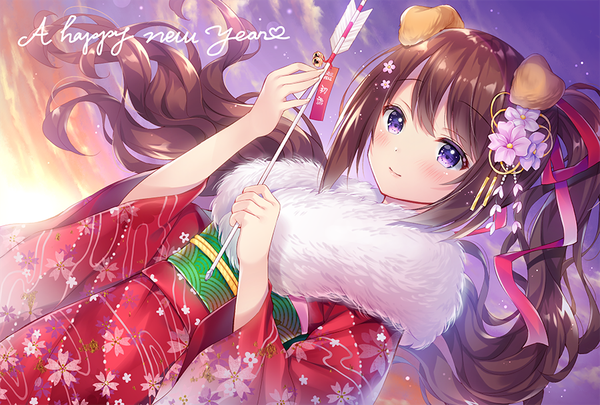 Anime picture 900x608 with original noda shuha single long hair blush brown hair purple eyes animal ears looking away sky ponytail traditional clothes japanese clothes wind new year dog ears happy new year dog girl morning sunrise
