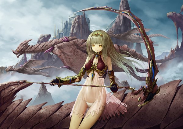 Anime picture 1754x1240 with original pixiv fantasia pixiv fantasia fallen kings solru (tyappygain) single long hair looking at viewer blush highres light erotic smile sitting bare shoulders yellow eyes sky silver hair cloud (clouds) fantasy girl gloves