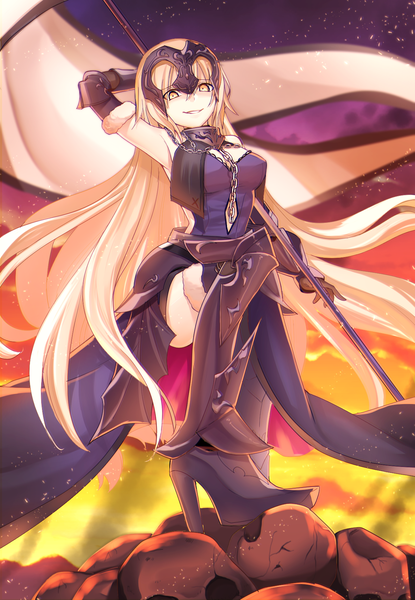 Anime picture 1188x1718 with fate (series) fate/grand order fate/apocrypha jeanne d'arc (fate) (all) jeanne d'arc alter (fate) jeanne d'arc alter (avenger) (third ascension) (fate) harupin single tall image looking at viewer breasts blonde hair smile holding yellow eyes cloud (clouds) bent knee (knees) very long hair blurry night