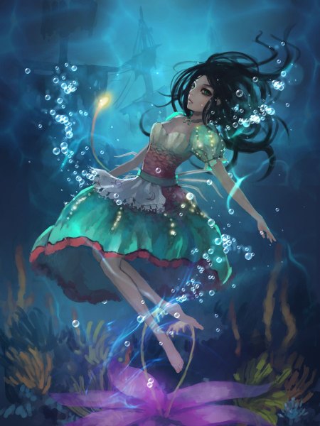 Anime picture 900x1200 with american mcgee's alice (game) alice: madness returns alice (wonderland) alice (american mcgee's) gjred single long hair tall image looking at viewer black hair green eyes barefoot spread arms underwater girl dress bubble (bubbles) watercraft ship algae