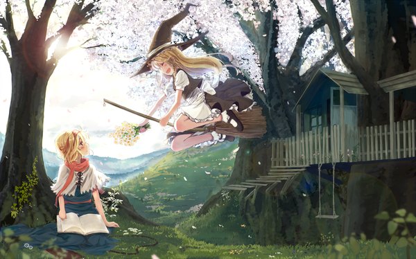 Anime picture 2000x1248 with touhou kirisame marisa alice margatroid bou shaku long hair blush highres short hair open mouth blonde hair smile wide image multiple girls yellow eyes cherry blossoms witch girl dress flower (flowers) 2 girls