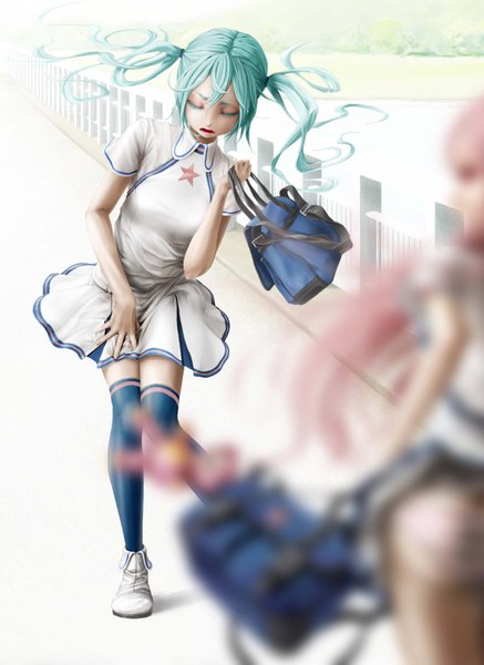 Anime picture 2480x3402 with vocaloid hatsune miku miki (vocaloid) pi (pppppchang) long hair tall image highres twintails multiple girls eyes closed wind realistic aqua hair jpeg artifacts girl thighhighs uniform 2 girls school uniform bag