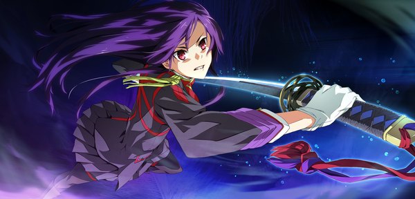 Anime picture 2250x1080 with soushuu senshinkan gakuen hachimyoujin sera mizuki g yuusuke single long hair looking at viewer highres red eyes wide image game cg purple hair girl gloves weapon sword katana