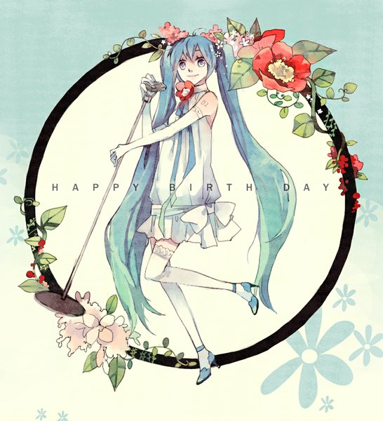 Anime picture 1000x1099 with vocaloid hatsune miku kyang692 single long hair tall image standing holding very long hair aqua eyes aqua hair tattoo alternate costume happy girl dress gloves flower (flowers) bow elbow gloves