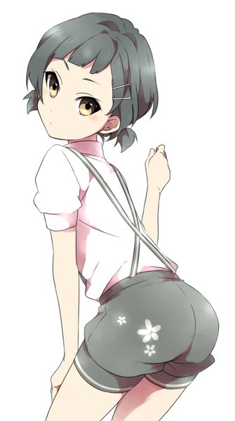 Anime picture 1117x2000 with kantai collection arare destroyer sekina single tall image looking at viewer blush fringe short hair black hair simple background white background twintails brown eyes looking back leaning leaning forward short twintails alternate hairstyle girl