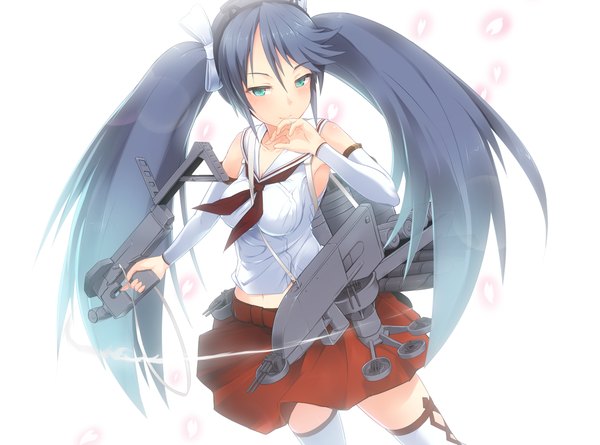 Anime picture 1330x988 with kantai collection isuzu light cruiser ayagi daifuku single long hair blush blue eyes simple background white background twintails blue hair girl thighhighs weapon detached sleeves petals white thighhighs