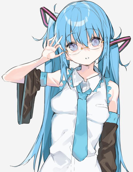 Anime picture 1139x1465 with vocaloid hatsune miku kayahara (kayaka) single long hair tall image looking at viewer fringe blue eyes simple background twintails bare shoulders blue hair ahoge long sleeves parted lips grey background wide sleeves adjusting glasses bespectacled