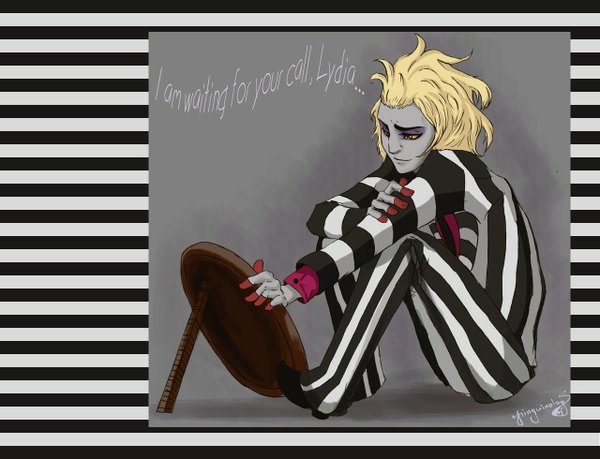 Anime picture 1280x980 with beetlejuice beetlejuice (character) pihguinolog (artist) single short hair simple background blonde hair sitting light smile inscription grey background looking down striped pale skin sad striped background boy suit mirror
