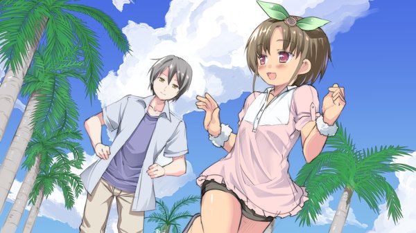 Anime picture 1280x720 with santaful summer short hair black hair red eyes brown hair wide image brown eyes game cg girl boy hair ornament plant (plants) tree (trees) shorts