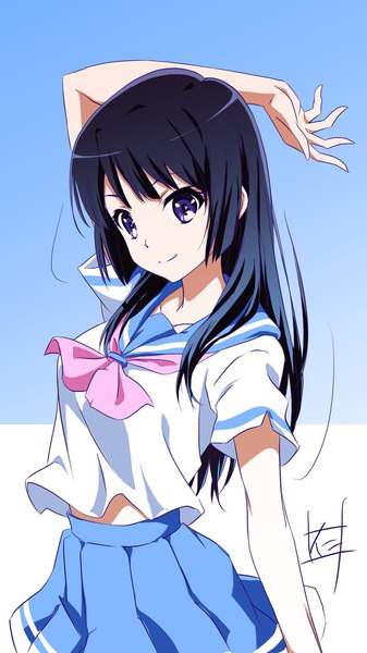 Anime picture 1150x2046 with hibike! euphonium kyoto animation kousaka reina nii manabu single long hair tall image black hair simple background smile purple eyes looking away arm up symbol-shaped pupils girl uniform serafuku