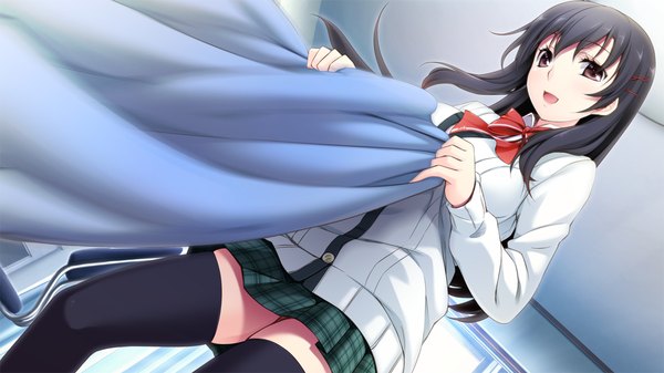 Anime picture 1280x720 with tsuisou no augment hinasaki you long hair open mouth black hair wide image brown eyes game cg zettai ryouiki girl thighhighs skirt uniform black thighhighs school uniform miniskirt