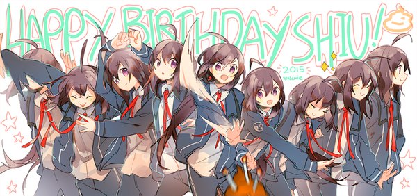Anime picture 1000x470 with touken ranbu nitroplus namazuo toushirou namie-kun long hair looking at viewer blush open mouth black hair smile wide image purple eyes looking away ahoge ponytail eyes closed profile alternate costume outstretched arm happy birthday