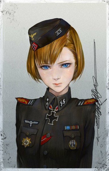 Anime picture 600x936 with original amatiz single tall image looking at viewer short hair blue eyes blonde hair signed lips framed girl uniform military uniform field cap