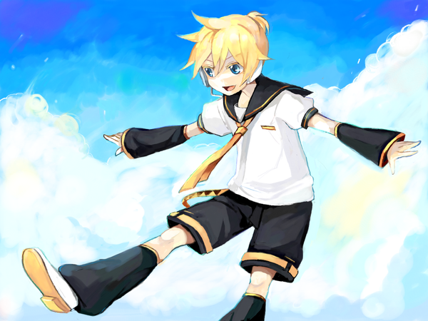 Anime picture 1600x1200 with vocaloid kagamine len tama (songe) short hair open mouth blonde hair sky aqua eyes spread arms boy detached sleeves necktie shorts headphones
