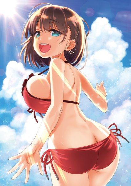 Anime picture 1062x1500 with getsuyoubi no tawawa pine jam ai-chan (tawawa) nanase meruchi single tall image looking at viewer fringe short hair breasts open mouth light erotic smile brown hair large breasts bare shoulders sky cloud (clouds) ass :d