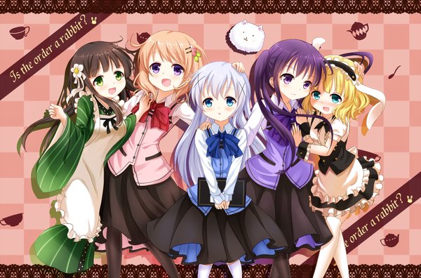 Anime picture 1700x1123 with gochuumon wa usagi desu ka? white fox kafuu chino hoto cocoa tedeza rize tippy (gochiusa) kirima sharo ujimatsu chiya nanakusagayu long hair blush short hair open mouth blue eyes black hair blonde hair smile brown hair purple eyes twintails