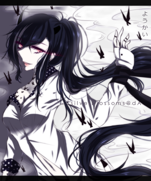 Anime picture 900x1080 with original silverblossoms single long hair tall image fringe black hair bare shoulders signed looking away ponytail pink eyes tattoo smoke girl shirt white shirt insect butterfly