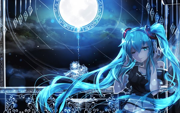 Anime picture 1500x942 with vocaloid hatsune miku qys3 single twintails cloud (clouds) very long hair one eye closed aqua eyes wink aqua hair night midriff girl hair ornament headphones moon t-shirt