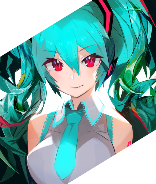 Anime picture 845x1000 with vocaloid hatsune miku saitou naoki single long hair tall image looking at viewer blush simple background hair between eyes white background twintails bare shoulders pink eyes light smile aqua hair alternate eye color girl necktie