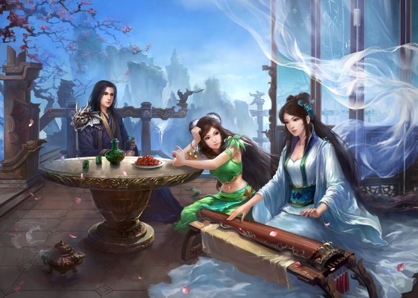 Anime picture 6000x4286 with zhu xian long hair highres black hair multiple girls absurdres wind black eyes cherry blossoms group spring girl boy navel hair ornament 2 girls petals table fruit branch