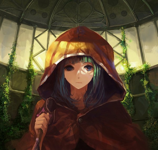 Anime picture 1000x946 with original pixiv fantasia jinying single long hair looking at viewer blush blue eyes sunlight aqua hair serious girl hood