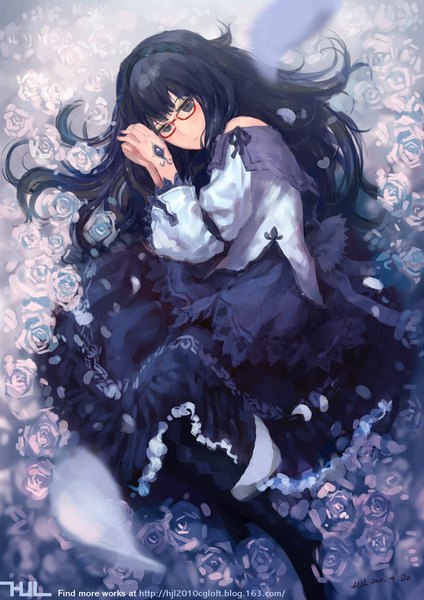 Anime picture 703x994 with mahou shoujo madoka magica shaft (studio) akemi homura hjl single long hair tall image looking at viewer fringe blue eyes black hair bare shoulders signed bent knee (knees) lying head tilt on side girl dress flower (flowers)