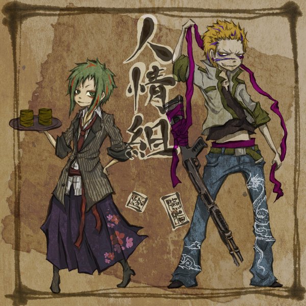 Anime picture 1600x1600 with original sanehiro shuu iori (artist) short hair simple background blonde hair green eyes multicolored hair green hair couple hieroglyph framed brown background face paint boy weapon necktie jacket rifle