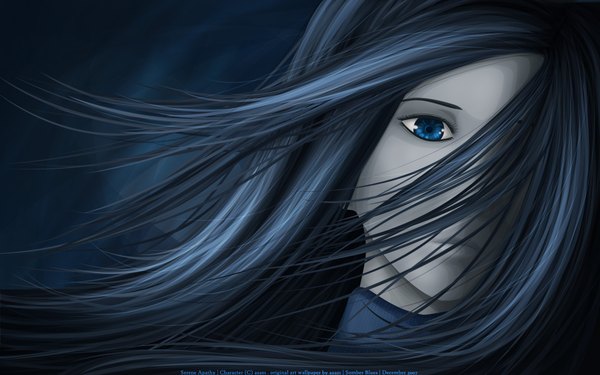Anime picture 1920x1200 with single long hair fringe highres blue eyes wide image blue hair hair over one eye realistic girl