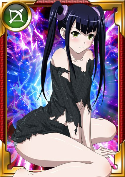 Anime picture 567x800 with ikkitousen saji genpou (true) single long hair tall image looking at viewer blush black hair twintails yellow eyes torn clothes card (medium) girl